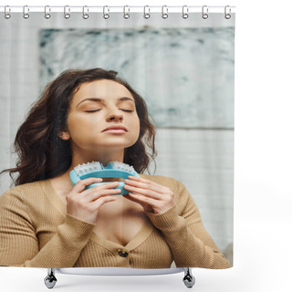 Personality  Portrait Of Young Woman With Closed Eyes In Casual Brown Jumper Massaging Neck And Lymphatic Nodes With Handled Massager At Home, Enhancing Self-awareness And Body Relaxation Concept  Shower Curtains