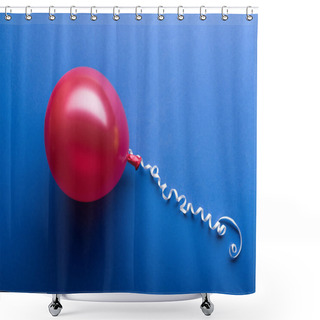 Personality  Top View Of Red Balloon With White Streamer On Blue Background Shower Curtains