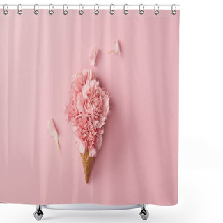 Personality  Beautiful Pink Carnation Flowers In Wafer Cone Isolated On Pink  Shower Curtains