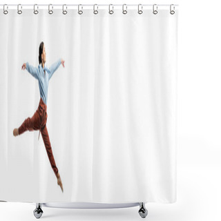 Personality  Side View Of Smiling Ballerina Jumping Isolated On White, Banner  Shower Curtains
