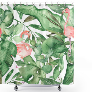 Personality  Watercolor Seamless Pattern With Flamingos And Large Tropical Leaves Shower Curtains