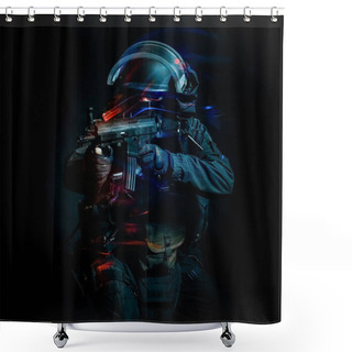 Personality  One Soldier Police Swat Tactical Forces Man Isolated Black Backg Shower Curtains