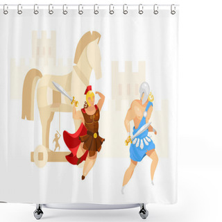 Personality  Trojan War Flat Vector Illustration. Troy And Achilles. Warriors Fight. City Assault In Horse Construction. Greek Mythology. Homer Iliad. Battle Scene Isolated Cartoon Character On White Background Shower Curtains