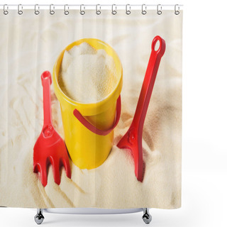Personality  Bucket And Plastic Toys On Sandy Beach Shower Curtains