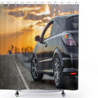 Personality  Beautiful Black Modern Car Stands On Asphalt Road In Summer Illuminated By The Rays Of The Sunset Shower Curtains