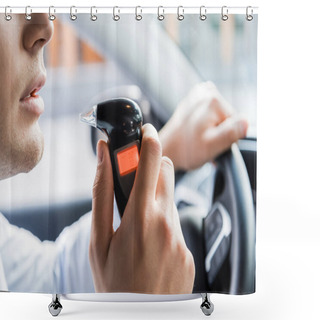 Personality  Partial View Of Man Blowing Into Breathalyzer While Sitting In Car, Blurred Background Shower Curtains