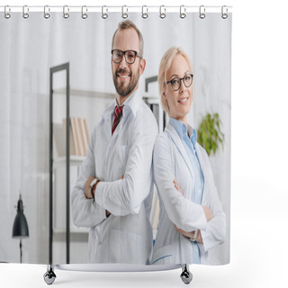 Personality  Portrait Of Smiling Physiotherapists In White Coats Looking At Camera In Clinic Shower Curtains