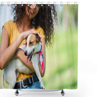 Personality  Cropped View Of Curly Woman In Summer Outfit Stroking Jack Russell Terrier Dog Shower Curtains