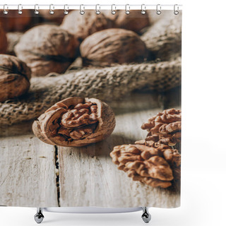 Personality  Close-up View Of Whole And Cracked Walnuts And Sackcloth On Wooden Table Shower Curtains