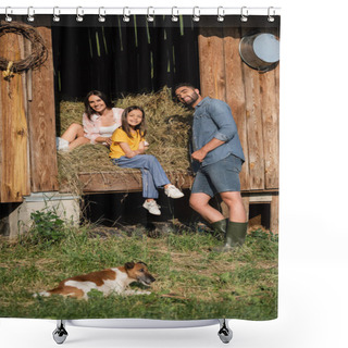 Personality  Happy Couple Looking At Camera Near Haystack In Barn And Dog On Foreground Shower Curtains