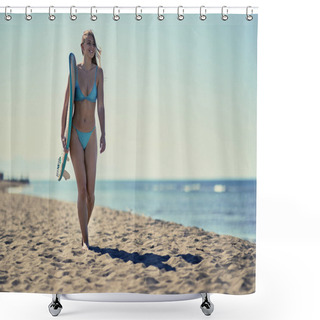 Personality  Sexy Beautiful Surfer Girl Walking With Board On The Sandy Beach Shower Curtains
