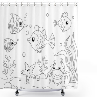 Personality  Children Coloring. The Underwater World, The Bottom Of The Ocean. Sea Inhabitants, Fish. Vector Shower Curtains