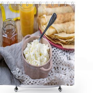 Personality  Homemade Cottage Cheese With Orange Juice And Pancakes Shower Curtains