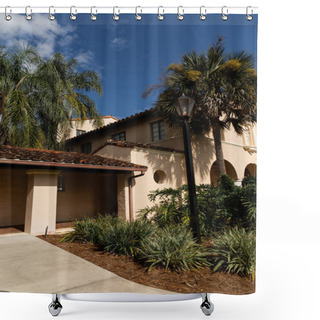 Personality  Green Palm Trees Near Luxurious Mediterranean Style House In Miami Shower Curtains