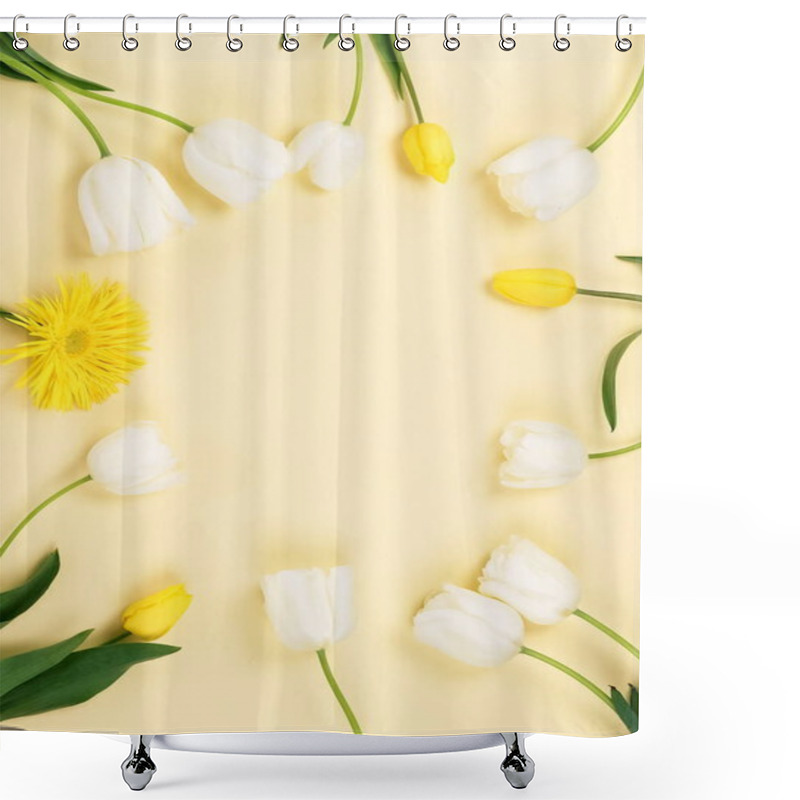 Personality  Flowers background. Frame of beautiful white and yellow tulips on a pale yellow background.Top view. Copy space shower curtains