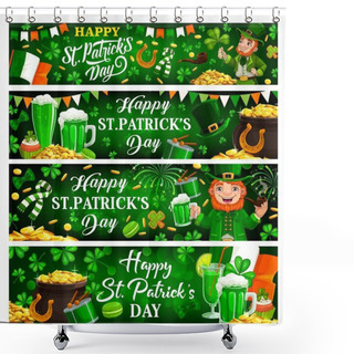 Personality  St Patricks Day Green Banners Of Irish Holiday Clovers, Leprechauns With Pot Gold. Vector Shamrock Leaves, Lucky Horseshoes And Golden Coins, Green Ale Beer And Drums Of Patricks Day Spring Festival Shower Curtains