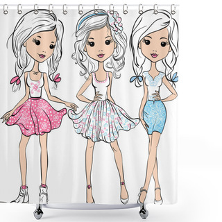Personality  Vector Set Fashion Cute Happy Girls Shower Curtains