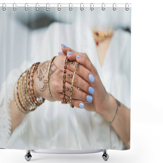 Personality  Cropped View Of Indian Bride With Mehndi Wearing Bracelets  Shower Curtains