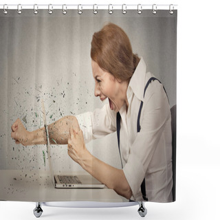 Personality  Furious Businesswoman Throws A Punch Into Computer, Screaming Shower Curtains