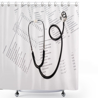 Personality  High Angle View Of Stethoscope On Lists With Hormones Isolated On White Shower Curtains