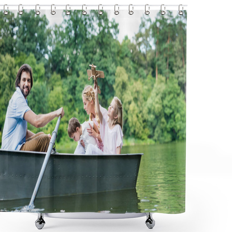 Personality  Happy Young Family Riding Boat On Lake At Park Together Shower Curtains
