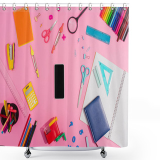 Personality  Top View Of Smartphone With Blank Screen Surrounded By School Supplies On Pink Shower Curtains