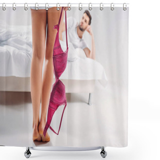Personality  Selective Focus Of Woman With Bra In Hand And Boyfriend Lying On Bed Shower Curtains