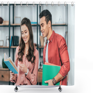 Personality  Two Multiethnic Smiling Students With Folders And Book Preparing For Lessons Shower Curtains