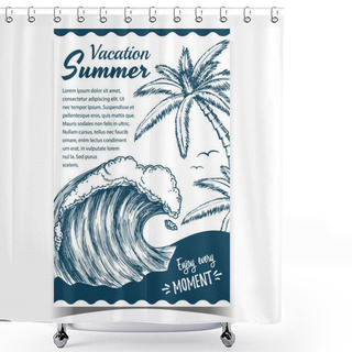 Personality  Sea Wave, Seaweed And Palm Trees Banner Vector Shower Curtains