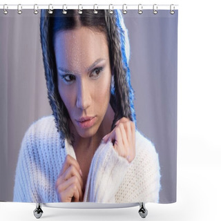 Personality  Woman With Frost On Face In Sweater Shower Curtains