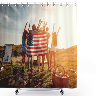 Personality  Happy Young Friends Enjoy A Sunny Day In Nature. They're Looking At Sun Holding American Flag And Greeting, Happy To Be Together. Shower Curtains