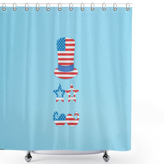 Personality  Flat Lay With Paper Cut Mustache, Glasses And Hat Made Of Usa Flags On Blue Background Shower Curtains