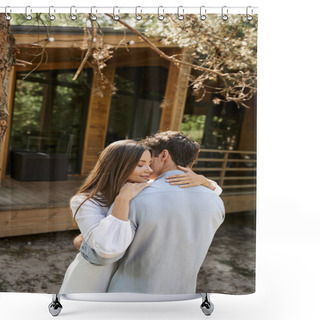 Personality  Brunette Woman In Sundress Embracing Boyfriend Near Blurred Summer House At Background Outdoors Shower Curtains