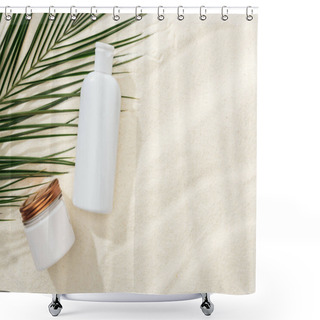Personality  White Sunscreen Lotion And Cream Near Green Palm Leaf On Sand Shower Curtains