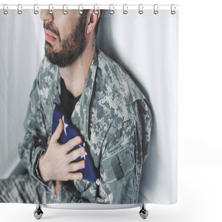 Personality  Partial View Of Depressed Military Man Sitting By White Wall And Holding Usa Military Man Near Heart Shower Curtains