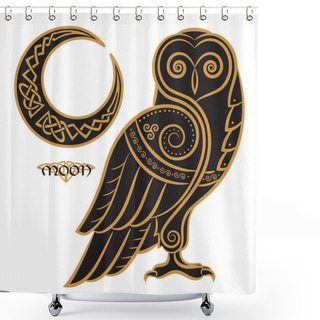 Personality  Owl Hand-drawn In Celtic Styl, On The Background Of The Celtic Moon Ornament Shower Curtains