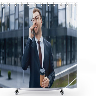 Personality  Positive Businessman Talking On Mobile Phone And Holding Coffee To Go Outside  Shower Curtains
