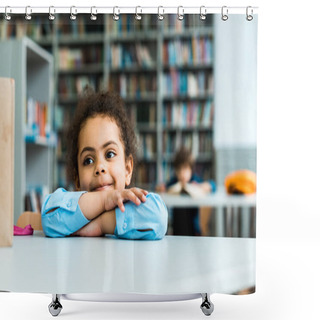 Personality  Happy African American Kid Sitting And Smiling In Library  Shower Curtains