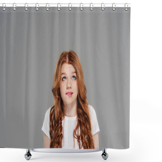 Personality  Beautiful Confused Redhead Girl Biting Lip And Looking Up Isolated On Grey With Copy Space Shower Curtains