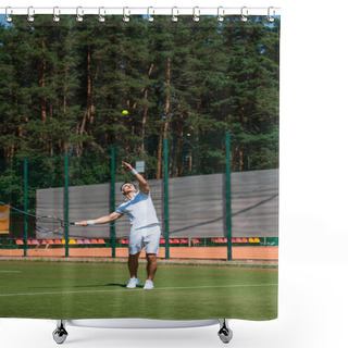 Personality  Young Sportsman With Racket Throwing Ball While Playing Tennis On Court  Shower Curtains