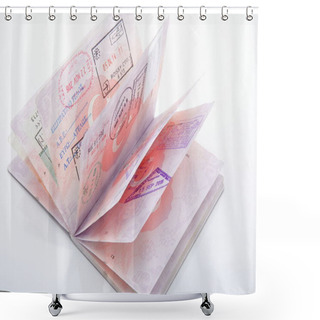 Personality  Istanbul, Turkey - February 06, 2019: On The Pages, A Passport View With Various Country Entry Visas. Shower Curtains