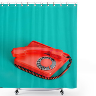 Personality  Vintage Landline Phone On Turquoise Background Shower Curtains