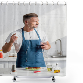 Personality  Adult Man In Apron With Glass Of Wine And Cooked Steak Listening To Music Shower Curtains