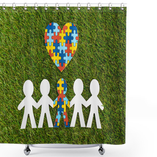 Personality  Top View Of Special Kid With Autism Among Another And Decorative Puzzle Heart On Green Shower Curtains