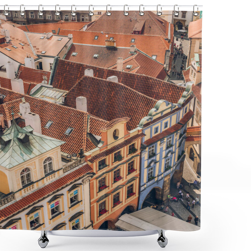 Personality  PRAGUE, CZECH REPUBLIC - JULY 23, 2018: Aerial View Of Rooftops And Beautiful Architecture In Prague Old Town Shower Curtains