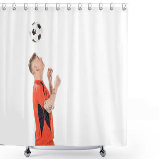 Personality  Young Soccer Player Hitting Ball With Head And Looking Up Isolated On White  Shower Curtains