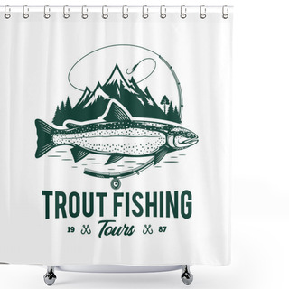 Personality  Vector Fishing Logo With Trout Fish, Fishing Rod, Line, Hook, And Mountains. Fishing Tournament, Tour, And Camp Illustrations Shower Curtains