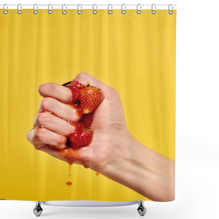 Personality  Unknown Young Woman With Nail Polish Squeezing Red Juicy Fresh Strawberries On Yellow Background Shower Curtains