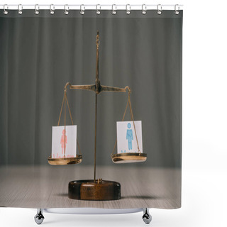 Personality  Male And Female Symbols On Scales On Wooden Table On Grey, Gender Equality Concept Shower Curtains