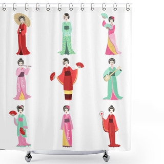 Personality  Japanese Geisha In Different Kimono Set Shower Curtains